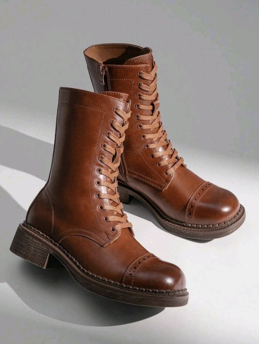 Women's Mid-Calf Boots Fashion Motorcycle Boots Square Toe Lace-Up Riding Coffee - Picture 6 of 8